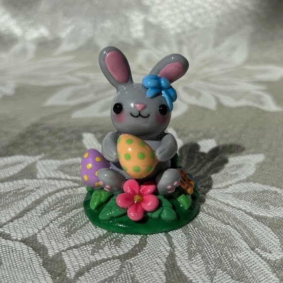 Handmade Easter Bunny Polymer Clay Figurine Sculpture Spring Decor - Picture 1 of 11